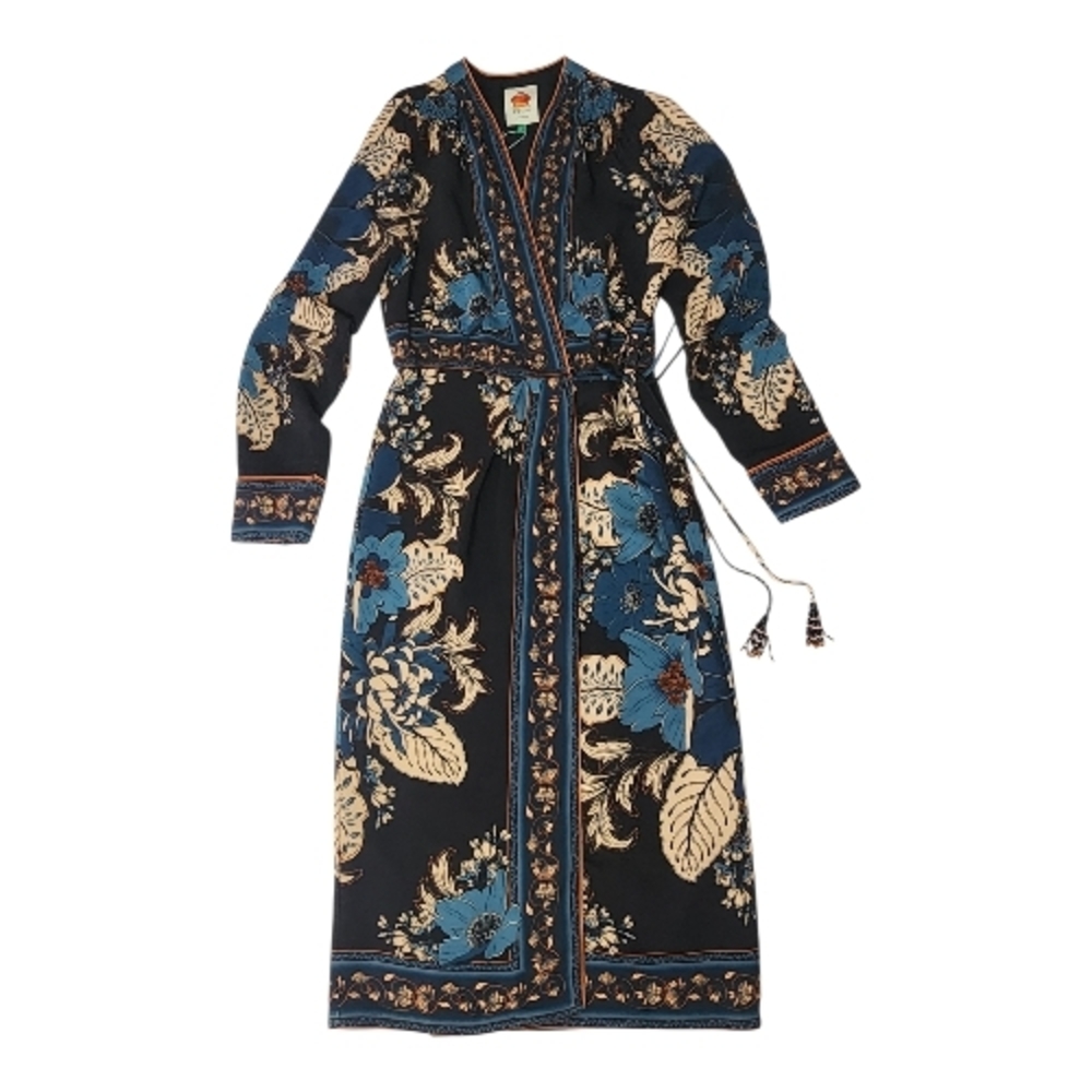 FARM Rio Blossom Tapestry Black Midi Wrap Dress NWT Floral Boho Lined
